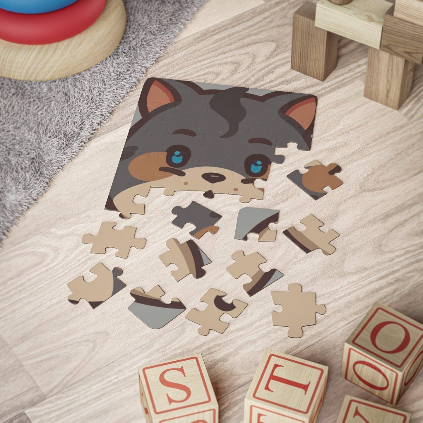 Enjoy putting together this unique jigsaw puzzle featuring a captivating wolf face design on the floor.